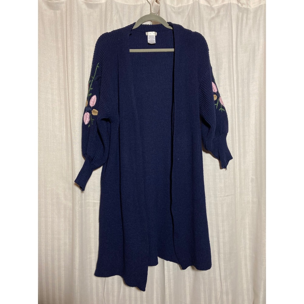 Cottagecore Grandmacore Navy Floral Embroidery Balloon Sleeve Longline Cardigan